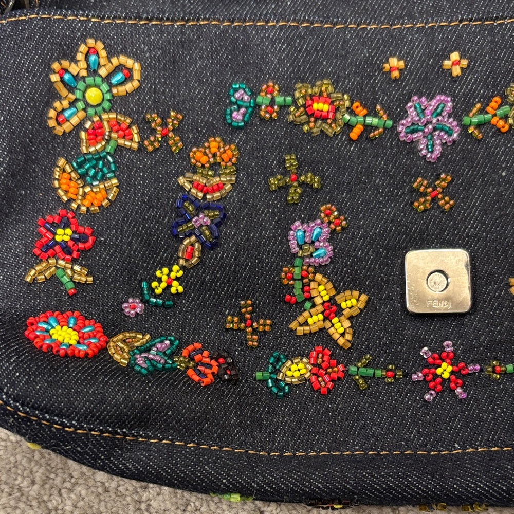 Vintage Fendi Denim Embroidered Floral Shoulder Bag with Silver Buckle - Picture 6 of 10